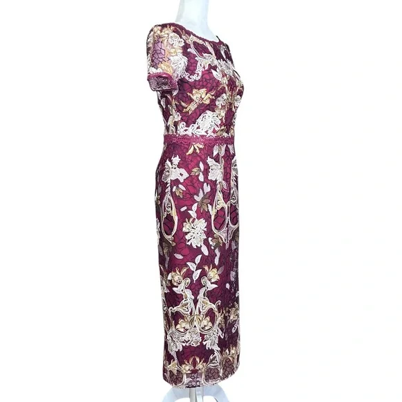 MARCHESA NOTTE Embroidered Guipure Tea Dress 4 Floral Metallic Party Evening - Picture 5 of 16